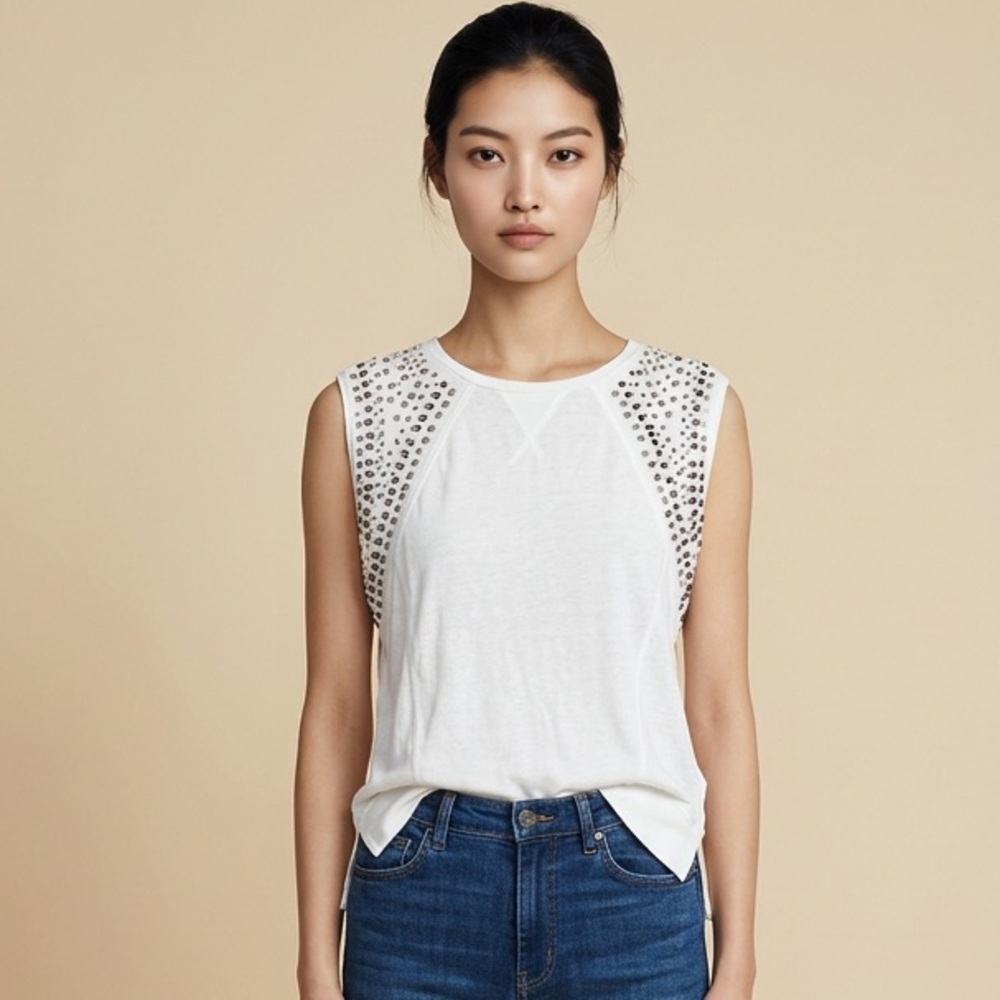 Free People White Sleeveless Studded Top Size S